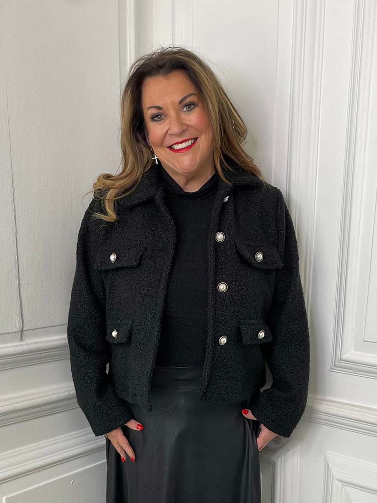 Boucle Pearl Button Jacket - Black