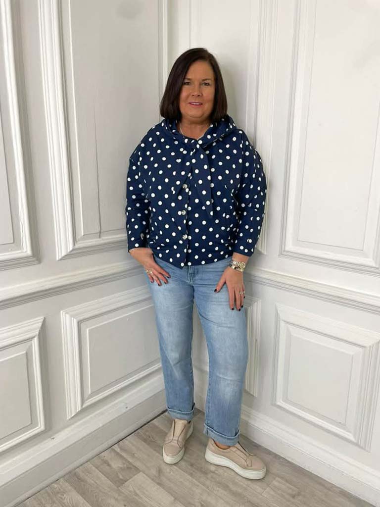 Polka Dot Hooded Jacket - Navy & Cream