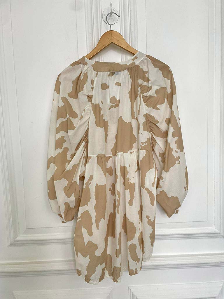 Balloon Sleeve Cow Print Blouse - Stone