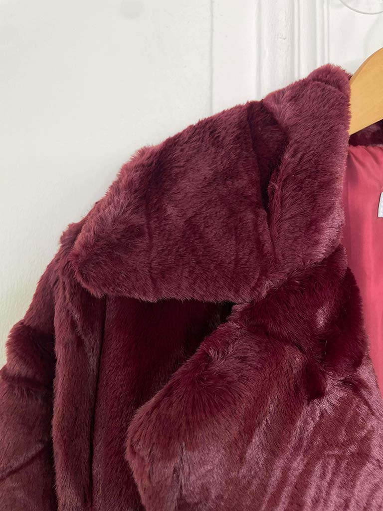 Luxe Faux Fur Long Coat - Burgundy