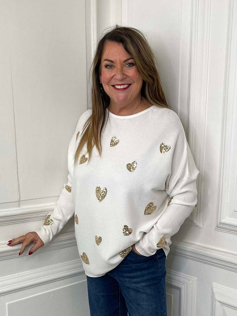 Sequin Heart Knit - Winter White