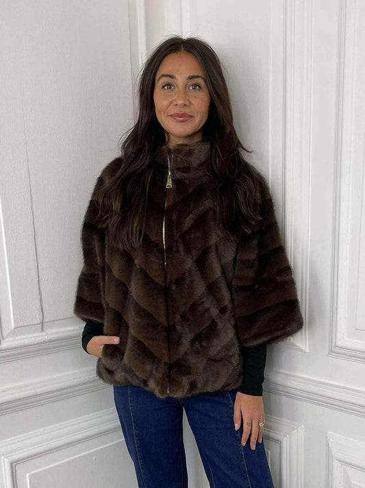 Malissa J Faux Fur 3/4 Sleeve Jacket - Brown