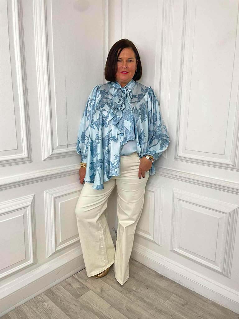 Palm Pussybow Blouse - Aqua