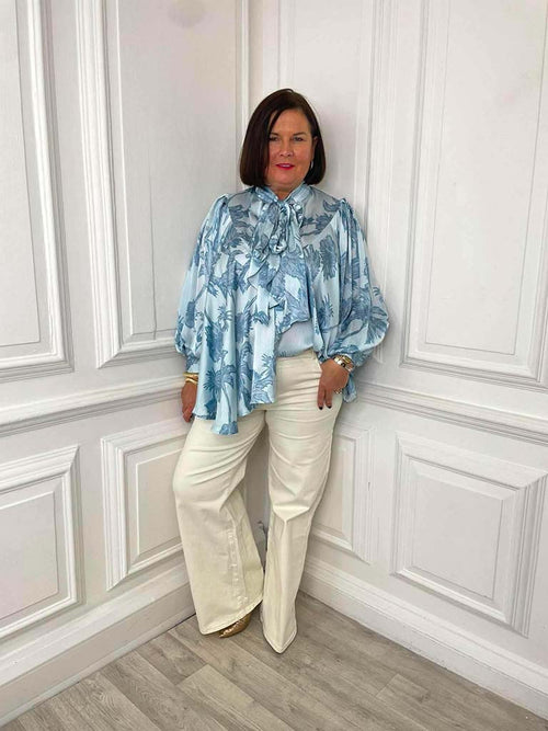 Palm Pussybow Blouse - Aqua