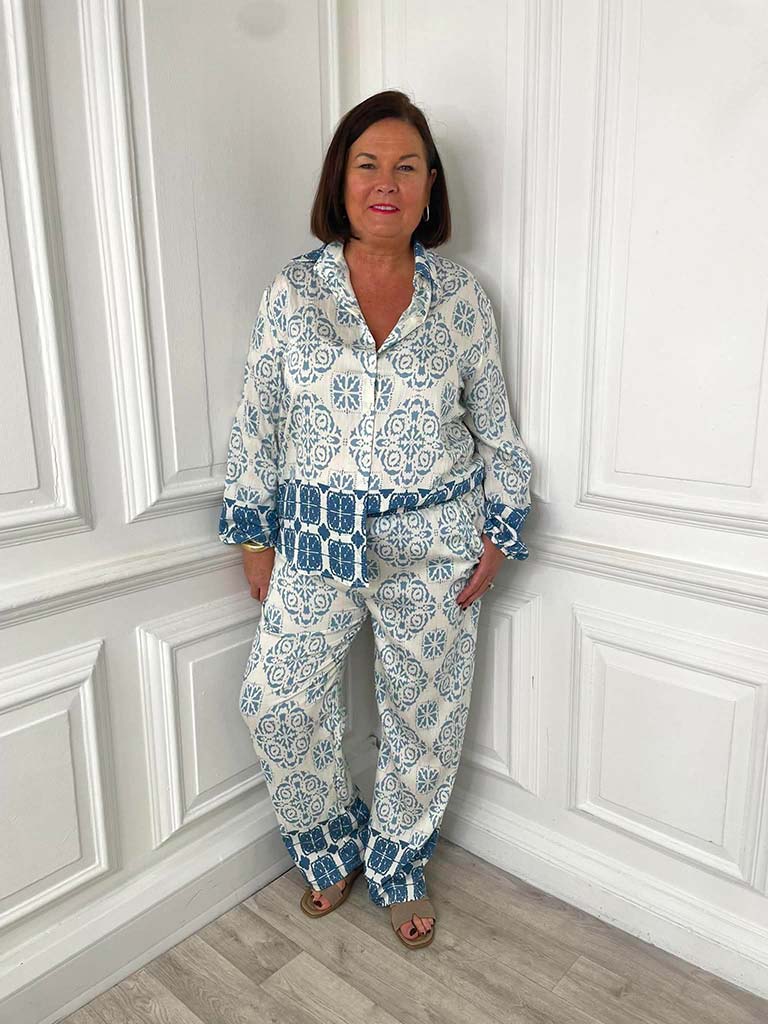 Tile Print Palazzos - Denim