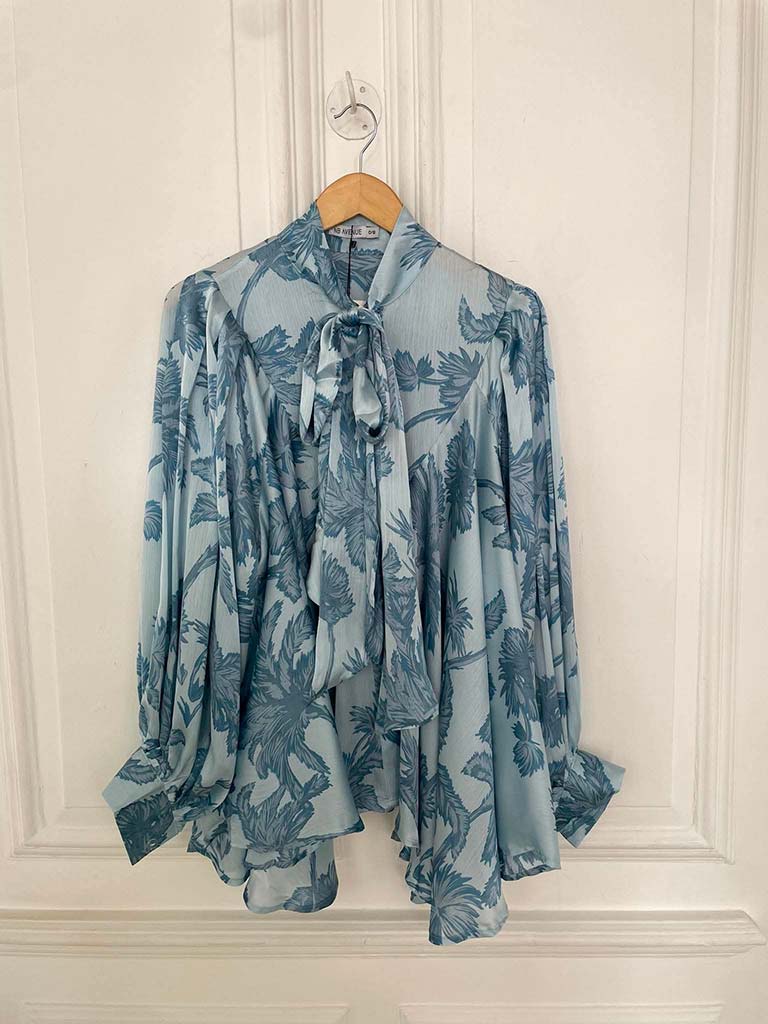 Palm Pussybow Blouse - Aqua