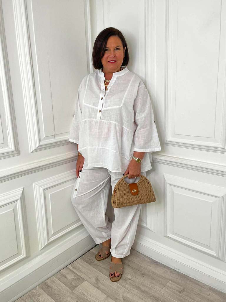 Cotton & Linen Pleat Cuff Trousers - White