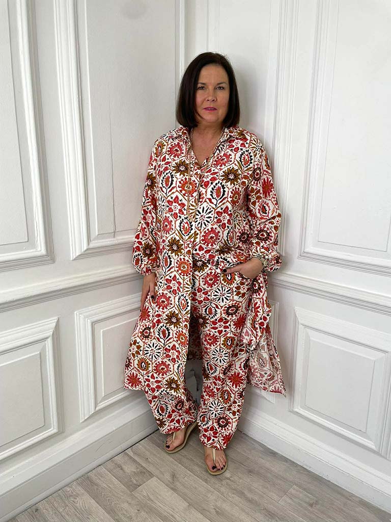 Womens fashion floral tile print shirt dress with relaxed styling and flowy hem, perfect for everyday wear and a modern. - Floral Tile Print Shirt Dress