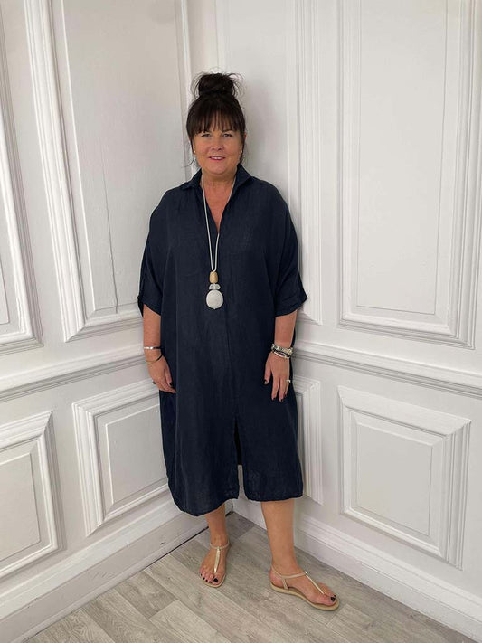 Collared Linen Dress - Navy