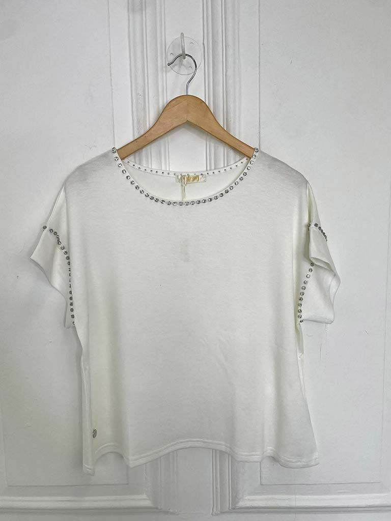 Malissa J Crystal Studded Luxe Tee - Warm White
