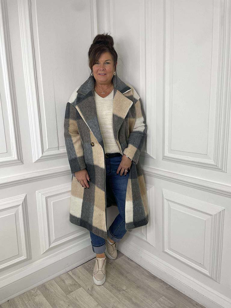 Check Wool Mix Coat - Stone