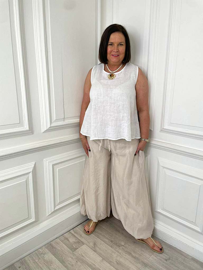 Womens fashion almond bubble hem parachute trousers with relaxed fit styled for everyday wear and modern outfit. - Bubble Hem Trousers - Almond