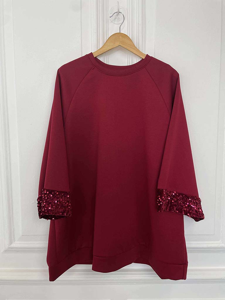 Sequin Cuff Sweatshirt - Merlot