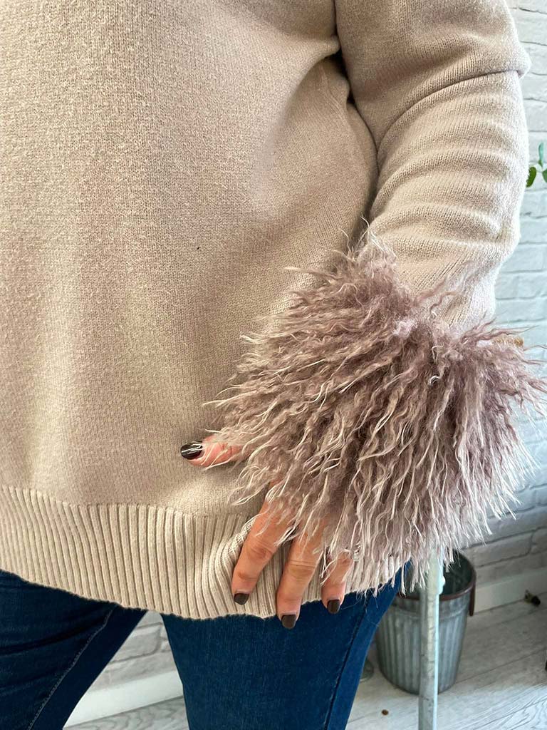 Malissa J Mongolian Fur Cuffed Knit - Stone