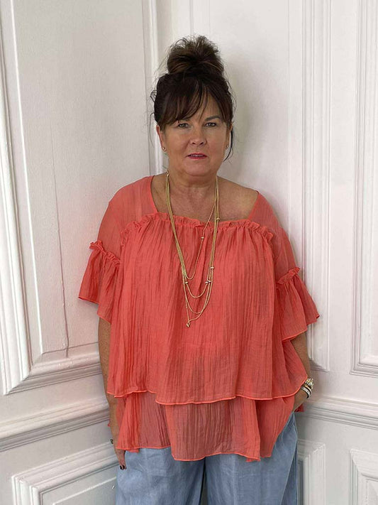 Malissa J Crinkle Frill Top - Coral