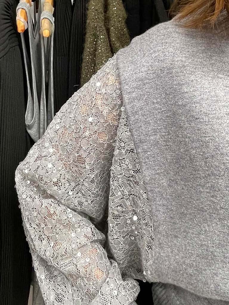 Sequin Lace Sleeve Knit - Silver Grey
