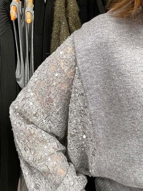 Sequin Lace Sleeve Knit - Silver Grey