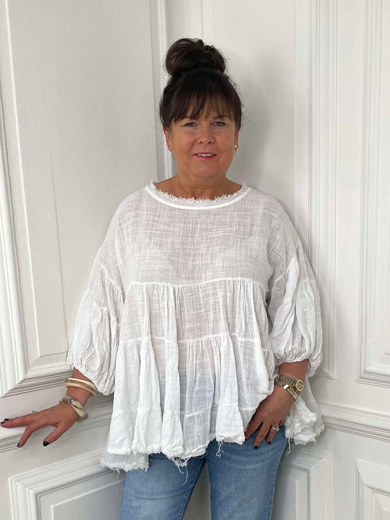 Cotton Balloon Sleeve Smock Top - White