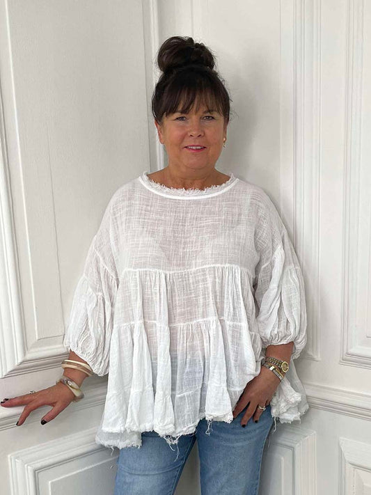 Cotton Balloon Sleeve Smock Top - White