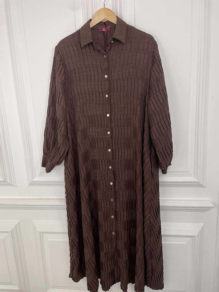 Textured Pleat Shirt Dress - Chocolate