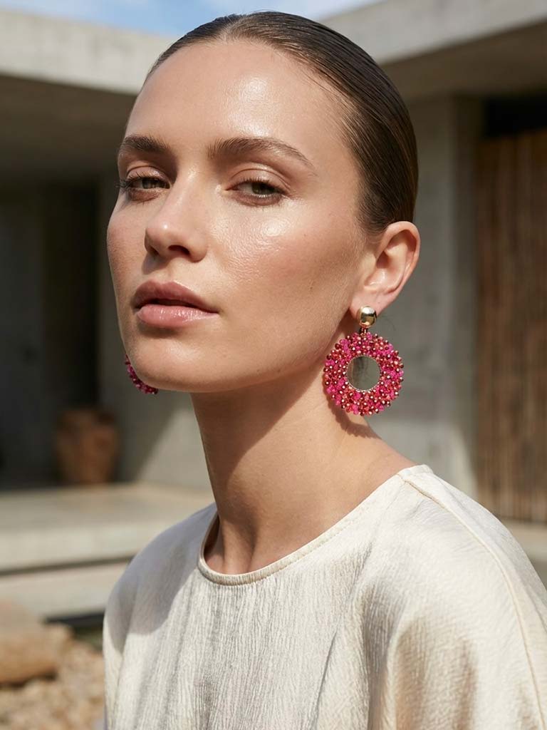 Envy Beaded Hoop Earrings - Hot Pink