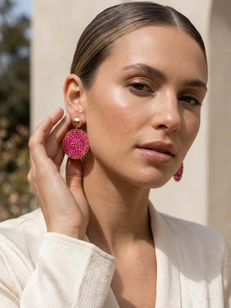 Envy Beaded Circle Earrings - Hot Pink