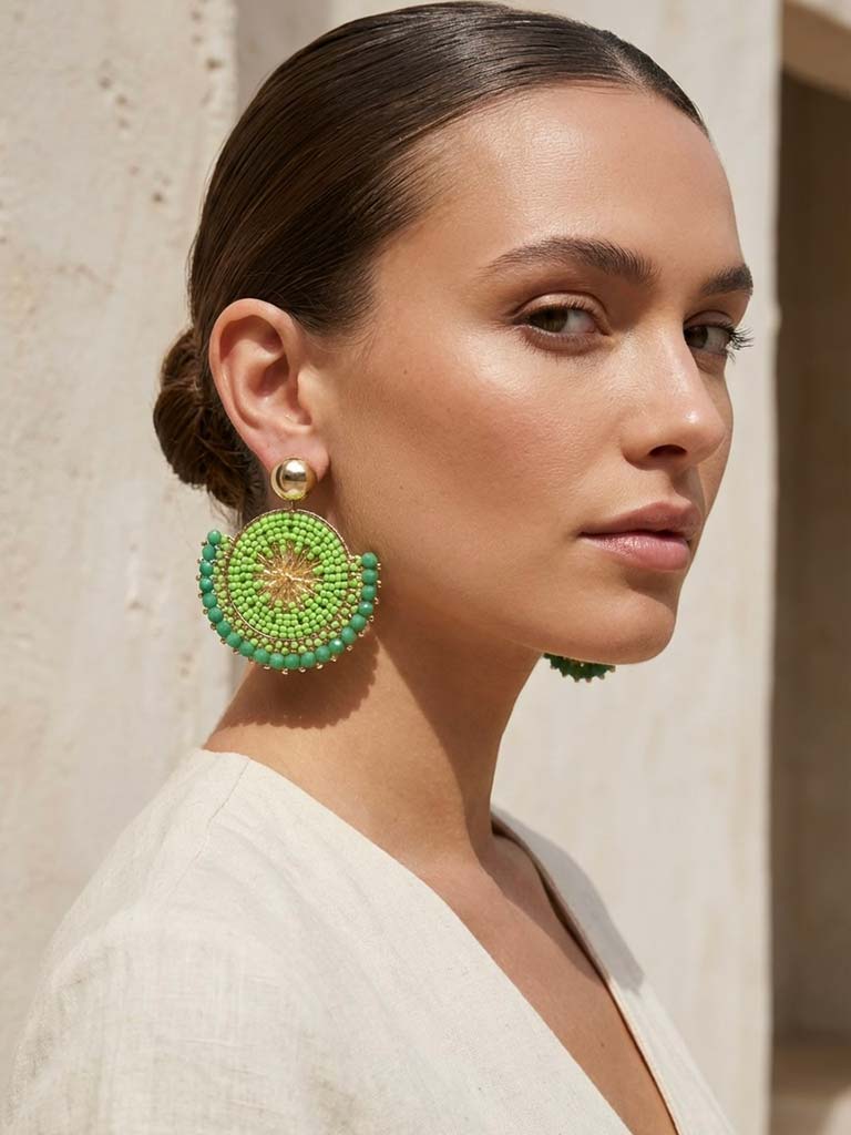 Envy Beaded Fan Earrings - Green