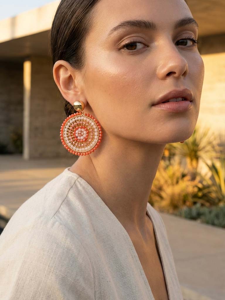 Envy Beaded Circle Earrings - Coral