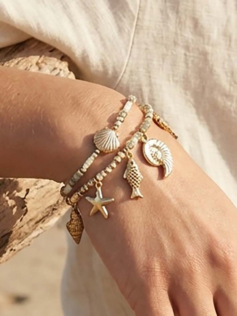 Envy Shell Charm Beaded Bracelet - Gold