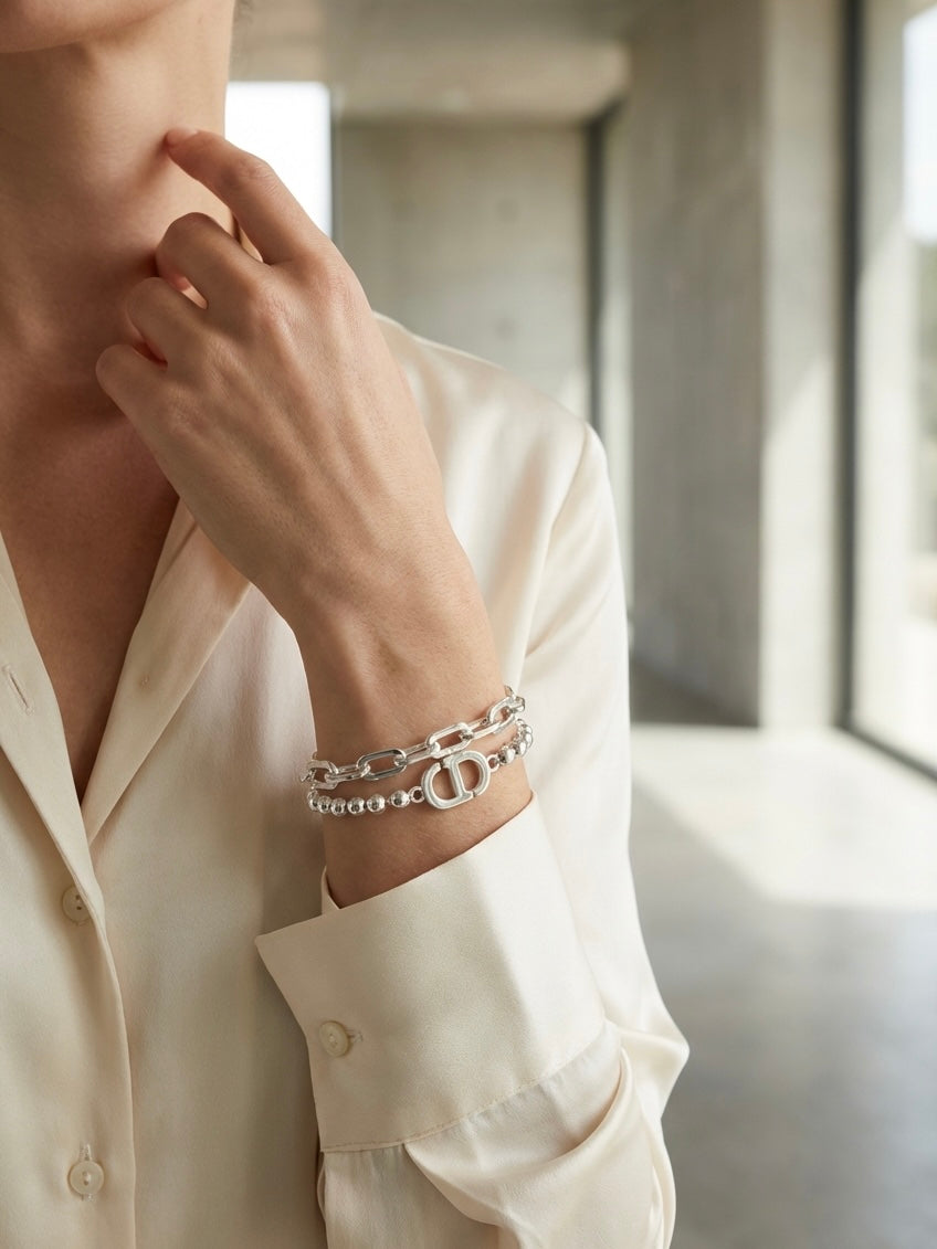 Envy Double Strand Monogram Bracelet - Silver