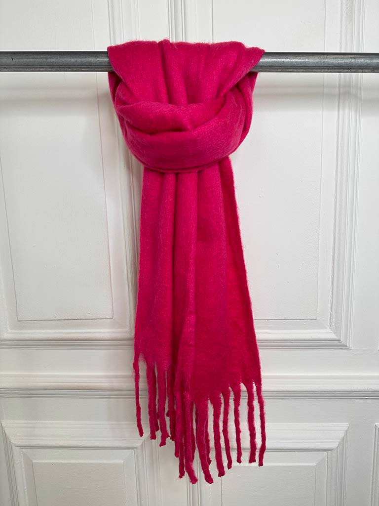 Wool Mix Fringed Scarf - Hot Pink