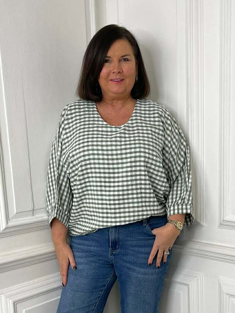 Gingham Gathered Hem Top - Khaki