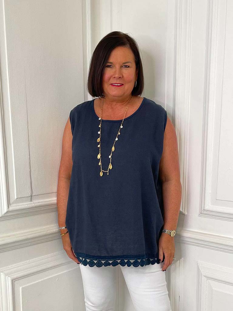 Crochet Trim Vest Top - Navy