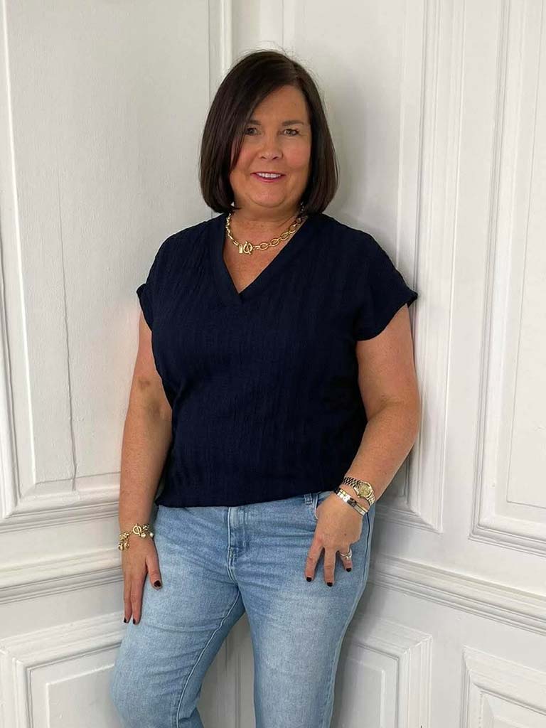 Textured V-Neck Top - Navy