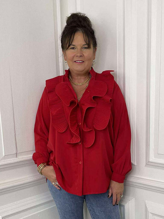 Plissé Ruffle Shirt - Scarlet