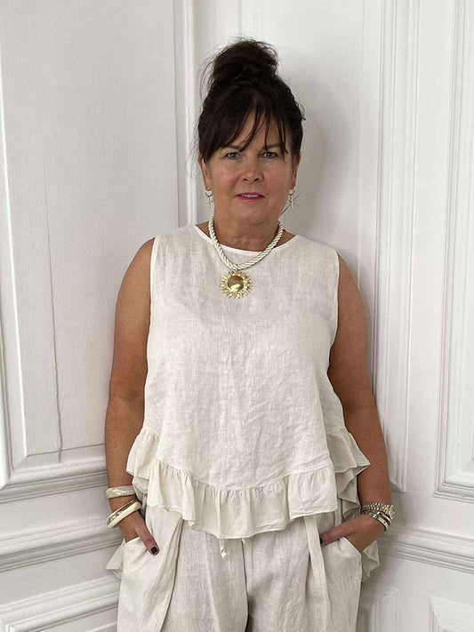 Linen Frill High Low Vest - Stone