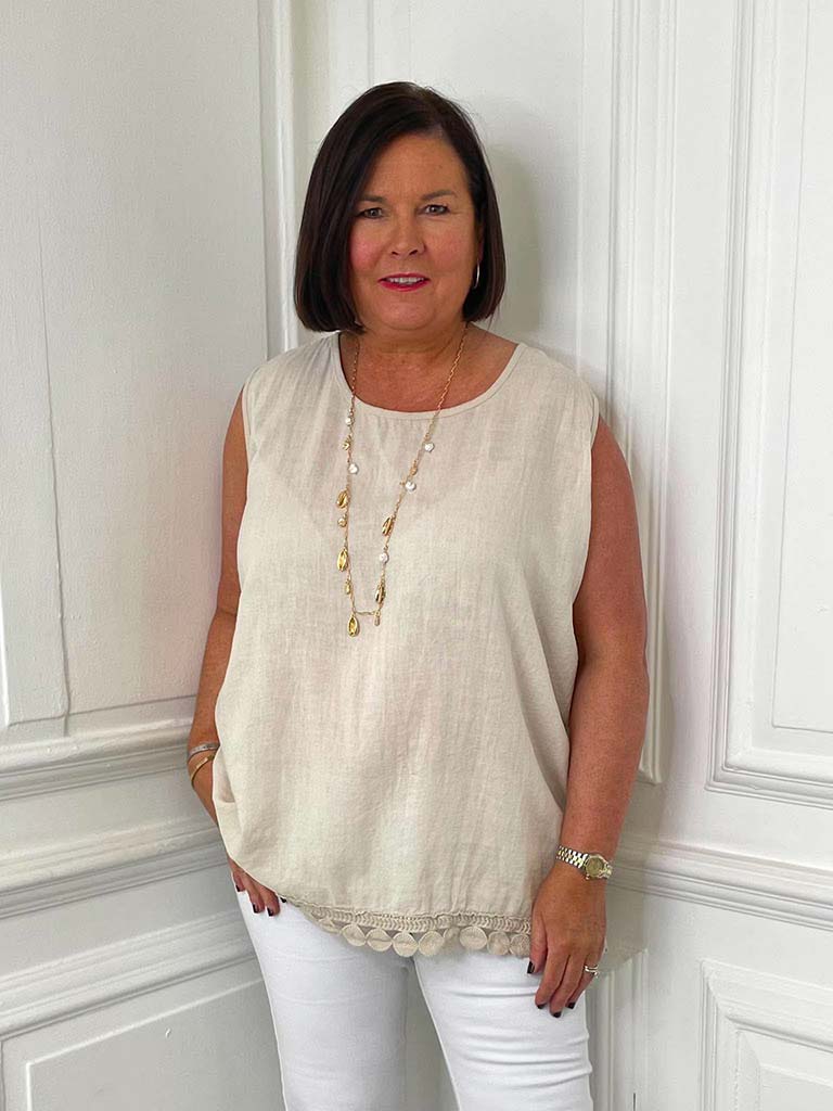 Crochet Trim Vest Top - Stone