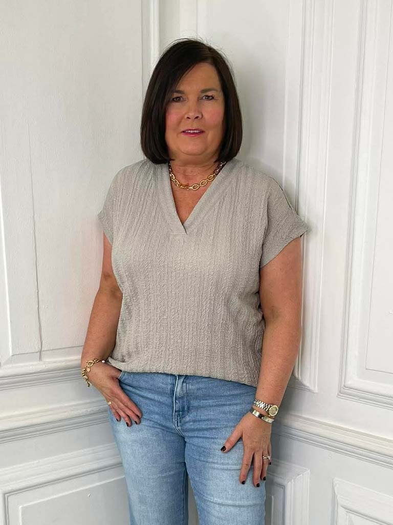 Textured V-Neck Top - Pebble