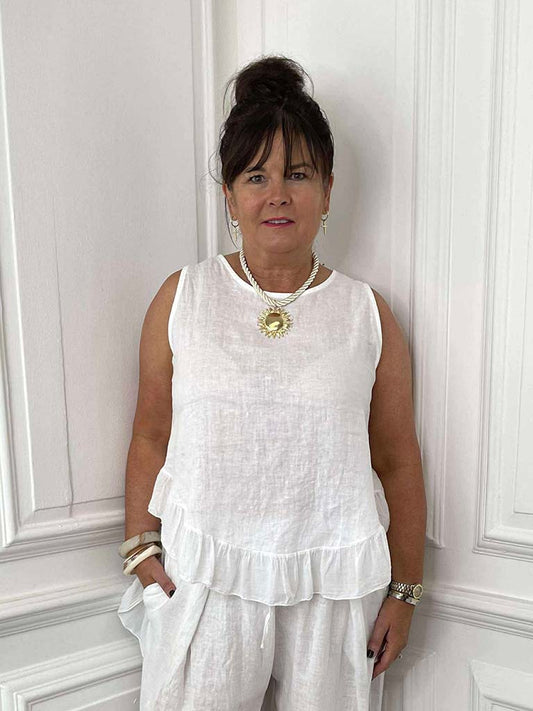 Linen Frill High Low Vest - White