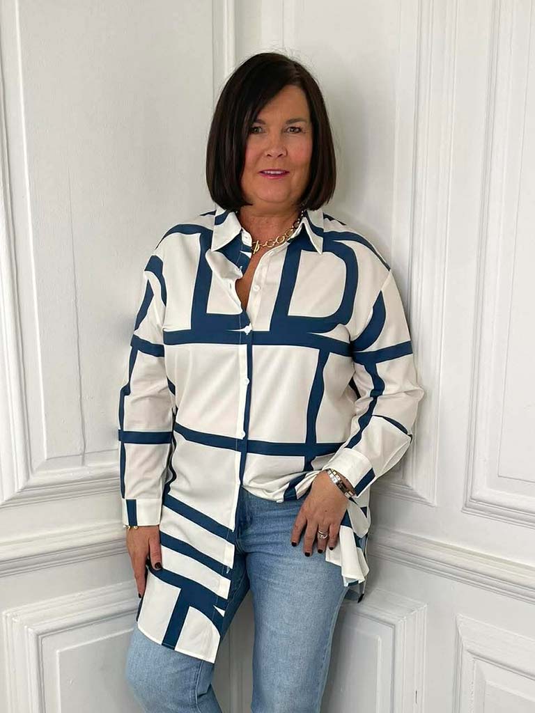 Agata Geometric Shirt Dress - White & Navy